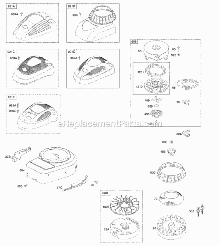 Blower HousingShrouds Flywheel Rewind Starter Diagram and Parts List for 10T802-0206-H1  Briggs and Stratton Engine